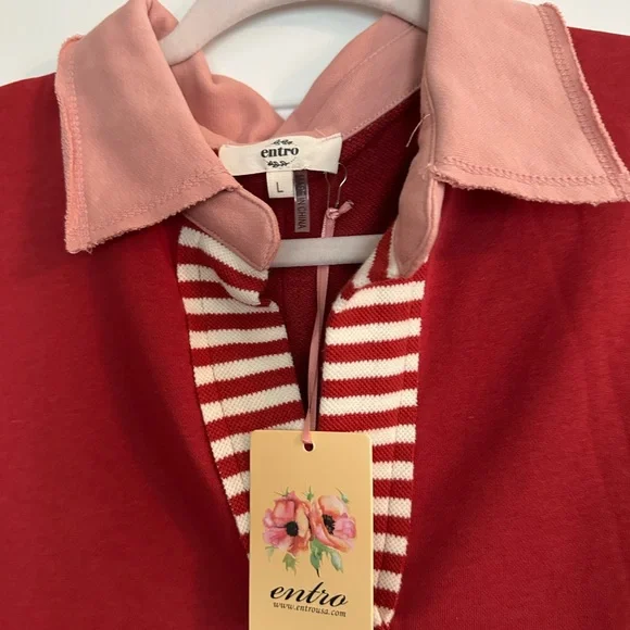 entro Red and Pink Striped Collar Polo Mini Dress - Picture 3 of 11